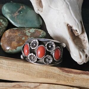 Vintage Navajo Coral Squash Blossom Ring